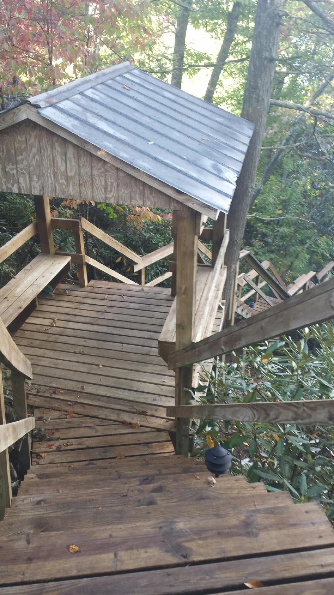 Metal roofed shelter over wooden steps on a wooded walkway — Skylight Repair & Installation work by our crew in Big Prairie